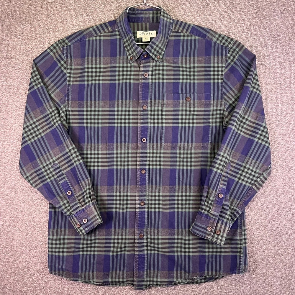 Orvis Button Down Shirt Mens M Blue Green Plaid Classic Outdoor 100% Cotton